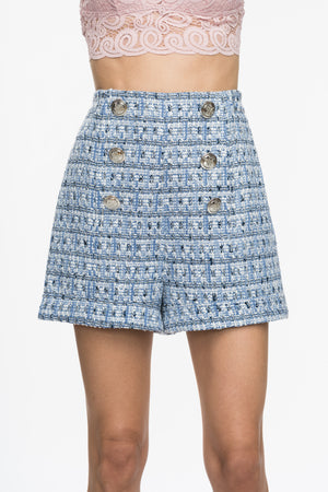 Tatiana High Waisted Shorts - Blue Tweed