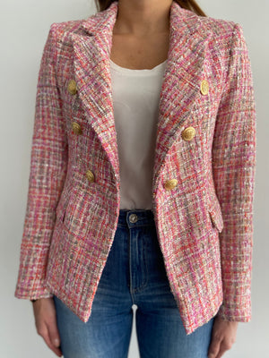 Sophia Gold Button Pink Tweed Blazer